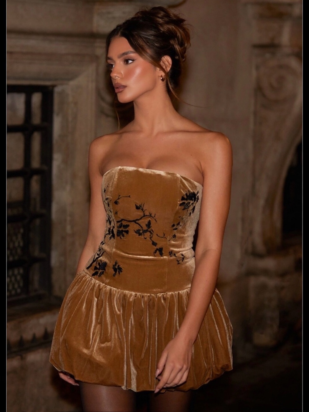 PrettyLittleThing Camel Strapless Velvet Mini Dress with Black Embroidery